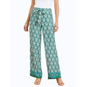 Talbots Wide Leg Pants Women Large Green Damask Print Resortwear Vacation Breezy